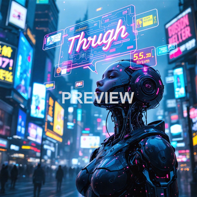 A futuristic cybernetic woman with a robotic head and sleek armor stands in a neon-lit cityscape filled with billboards and digital advertisements, with a speech bubble containing the word "Thugh" above her head.